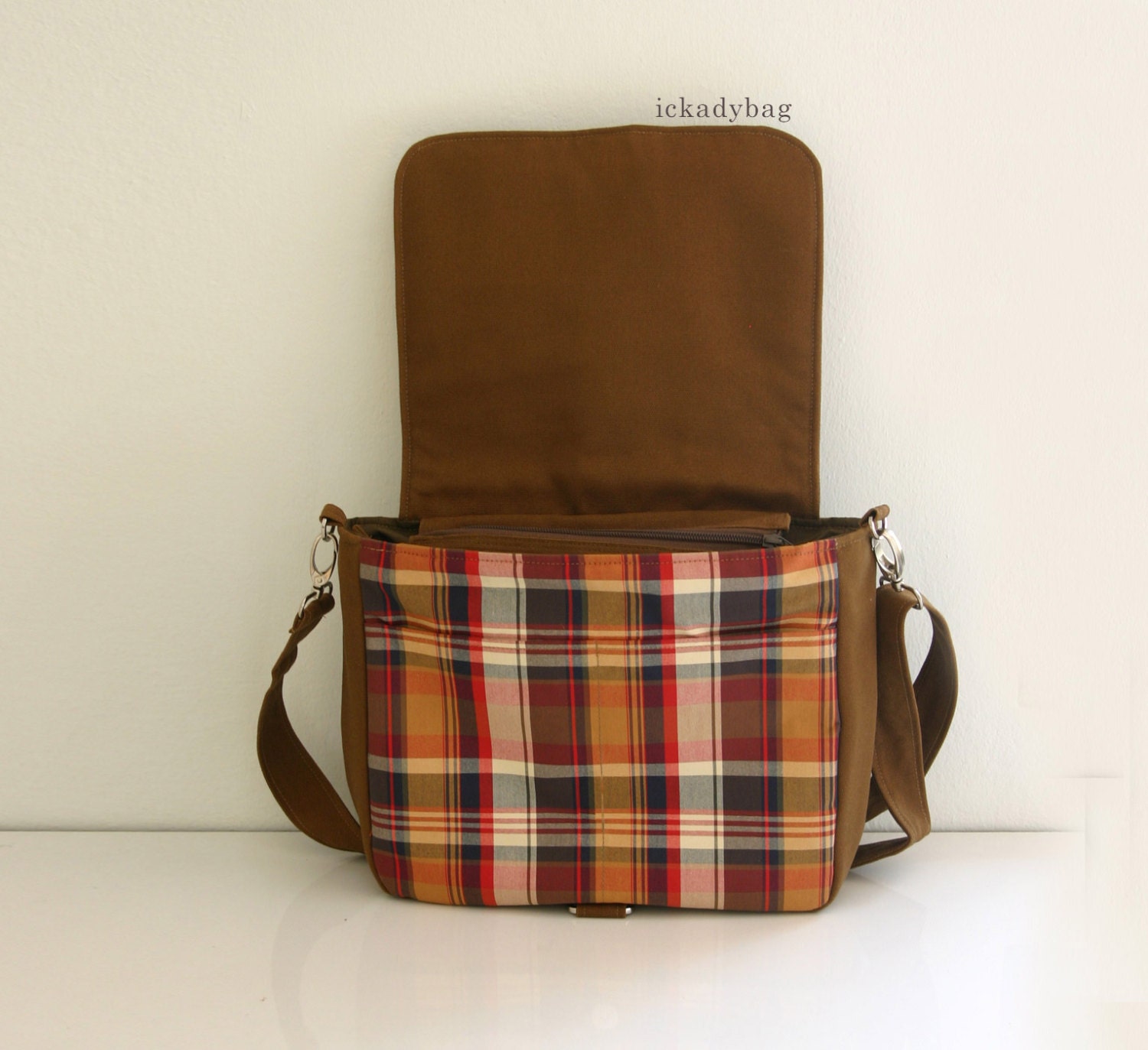 SALE Brown Messenger Bag with Plaid and Waterresistant
