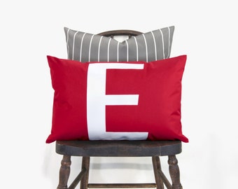 SALE || Red Outdoor Pillow Cover, Monogram Typography Initial Pillow Case in Red & White | Modern E Letter | 12x18 Lumbar Cushion Cover