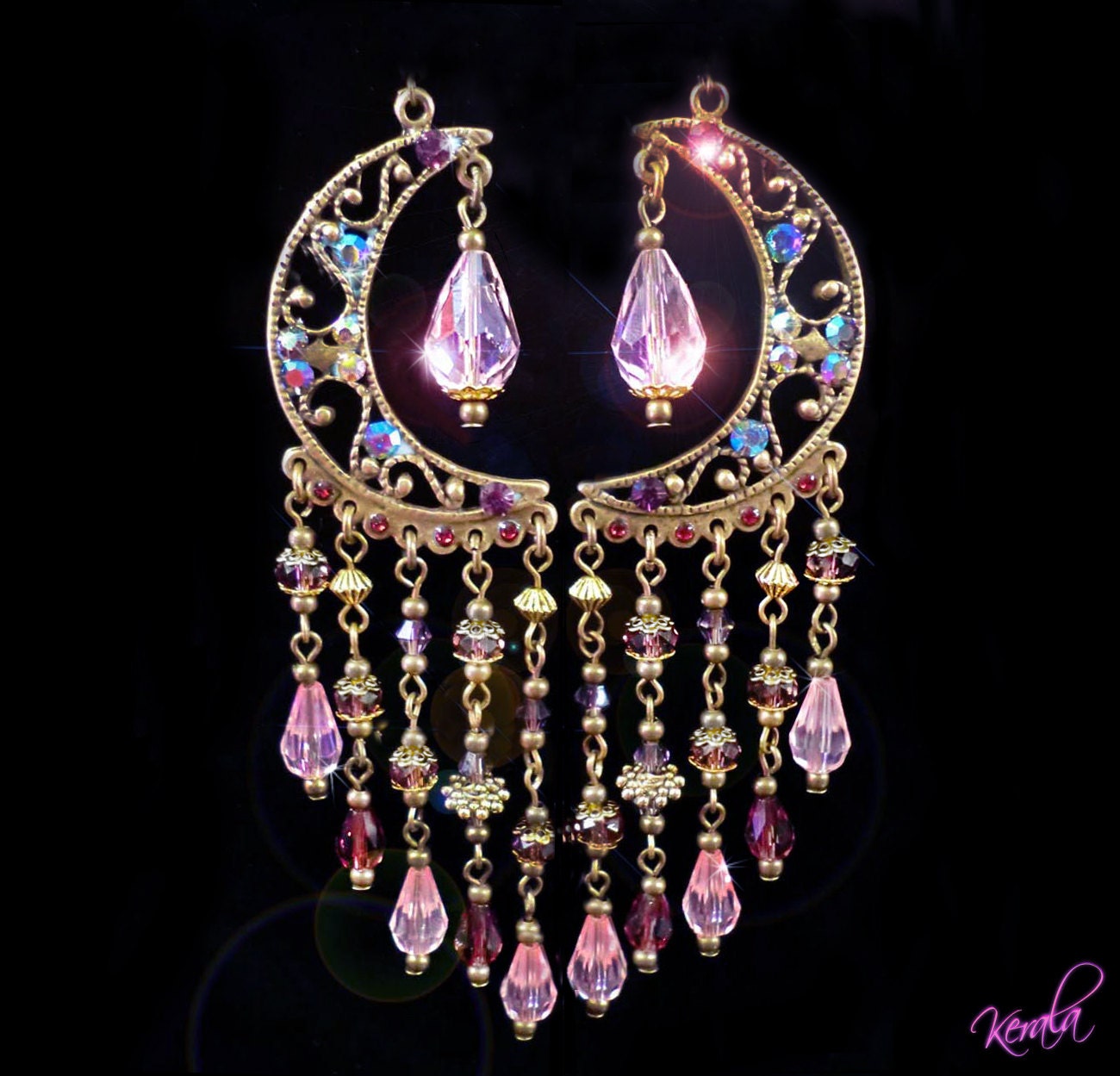 Long Chandelier Earrings Arabian Nights Fantasy Pink and