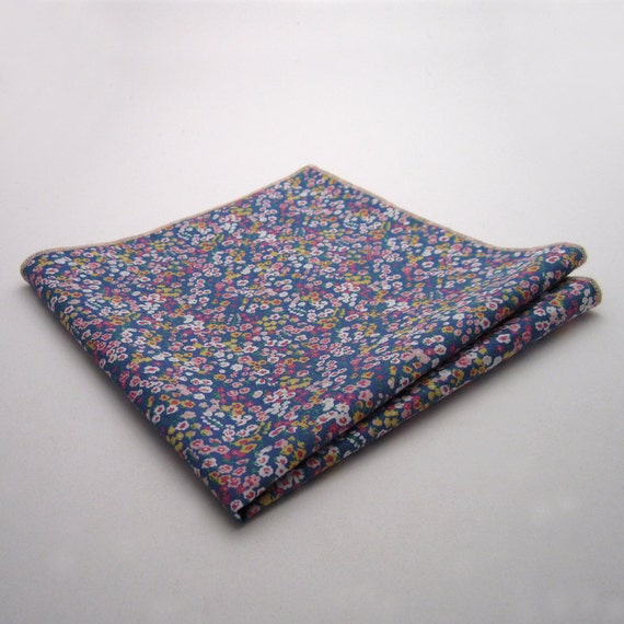 Pocket Square Blue Floral Cotton by KnotNowBowTies on Etsy
