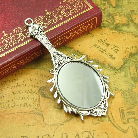 2 pcs Antique Silver Handheld Mirror Charms 72x34mm by kinacraft