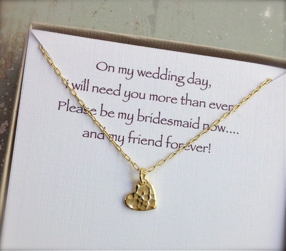 Heart maid of honor,  vermeil gift hammered bridesmaid necklace, gold necklace bridesmaid heart gift,