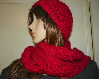 Red Scarf and Hat Set Very Soft Yarn Ready to Ship