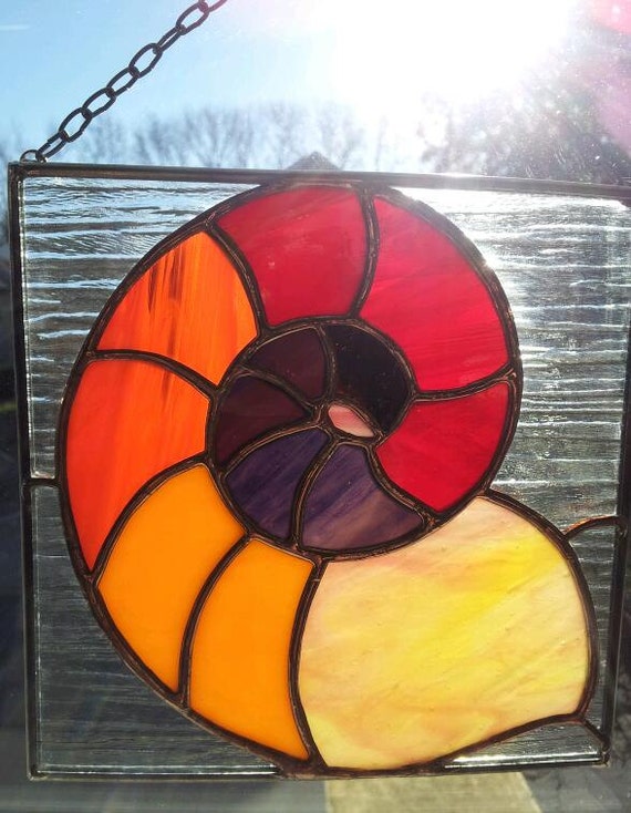 Nautilus Seashell Shell Stained Glass Panel In Bright Colors