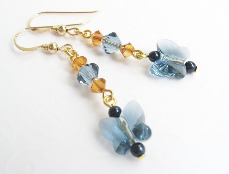 Blue Butterfly Earrings Dark Blue and Gold Dangle Earrings