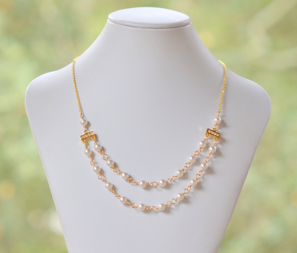 Double Strand Statement Bridal Necklace with Cubic Crystal and
