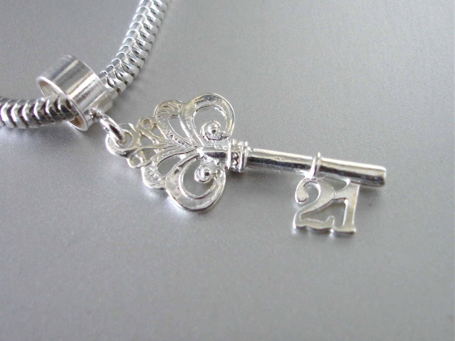 21st Birthday Key 3D Sterling Silver Charm Fits All Slide On