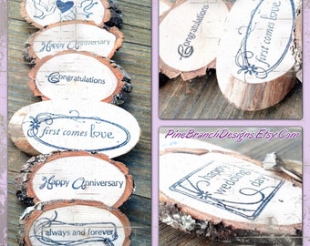 Natural Wood Hand-stamped Woodland Branch Gift Tokens Rustic Favors Gift Basket 40 tree bark Green