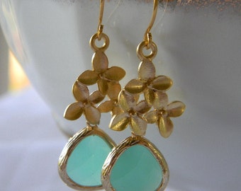 Mint Aqua and Gold Cherry Blossom Earrings-Bridal-Bridesmaid Jewelry-Gift For Her