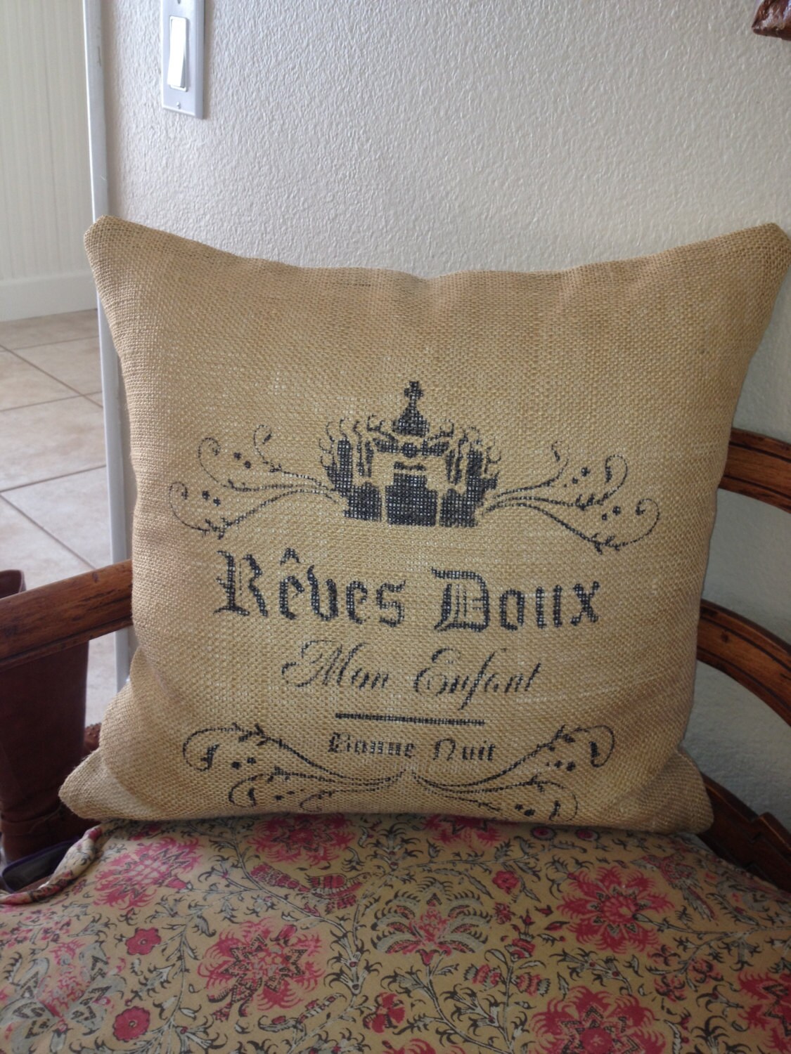 Burlap stenciled Pillow cover French zipper enclosure