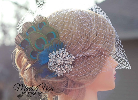 Peacock Wedding Fascinator-Birdcage Wedding Veil-Bridal Headpiece