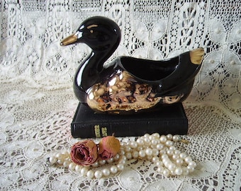 Black and Gold Vintage duck planter, Romantic cottage