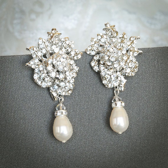 ROSELINE, Bridal Earrings, White or Ivory Pearl Chandelier Bridal ...