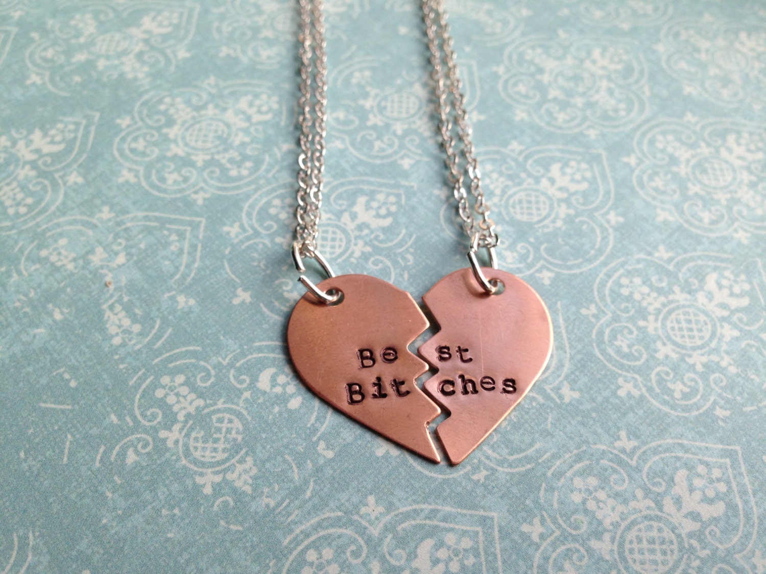 Best Bitches Heart Necklace Set Hand Stamped Aluminum Brass 