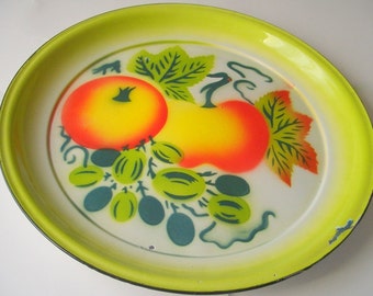 Vintage Enamel Platter, Large Graniteware Platter, Bright Summer Enamel Platter