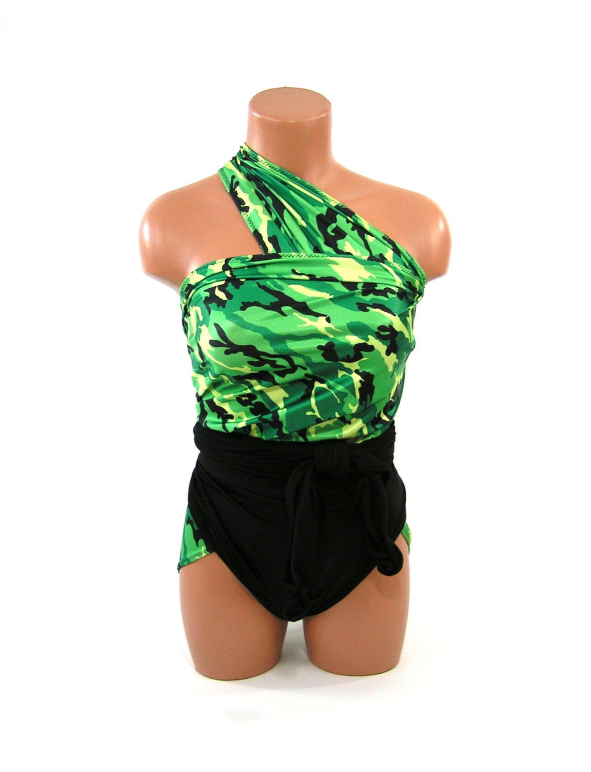 Medium Bathing Suit Bright Green Camo With Classic Black Wrap