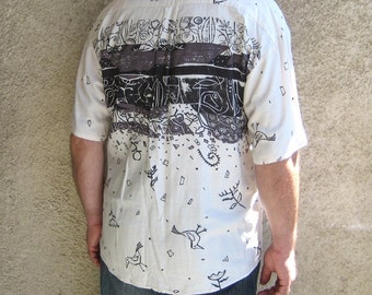 Vintage Mens Linen Shirt, Off white Bird Short sleeve Shirt, Linen / Viscose Abstract print Clothing, Summer fashion, Size L / XL 40 US UK