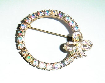 Vintage Circle Brooch AB Rhinestones 1950s 1960s