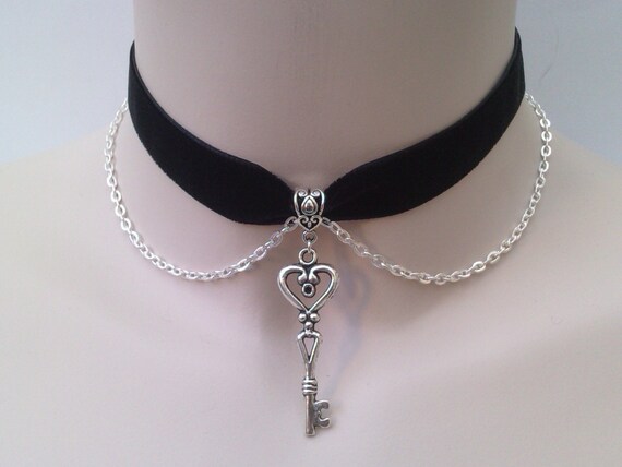 Heart KEY Charm With Belcher Chain on BLACK  (or choose another colour) 16mm Velvet Ribbon Choker -ur