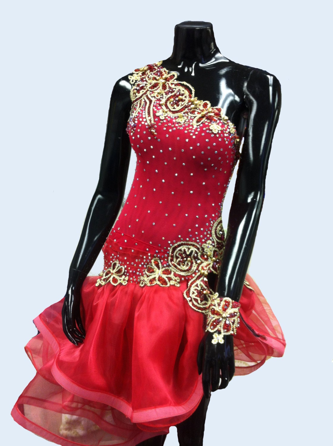 Red Dance Dress with Gold Lace and Swarovski Stones