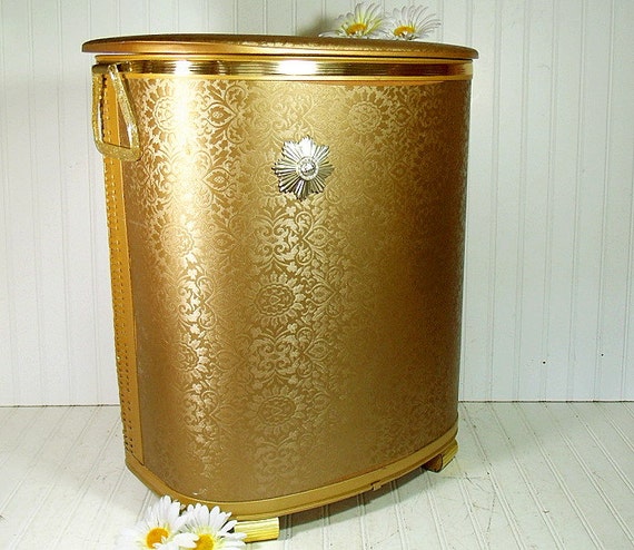 Large Gold Wicker Clothes Hamper Vintage Pearl Wick