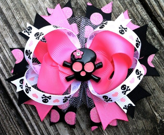 SKULL HAIR BOW Boutique Style Girly Skull by PolkaDotzBowtique