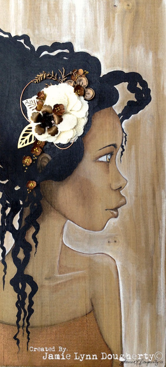 Mixed Media Bloom Girl art approx 7x16 on solid Poplar wood