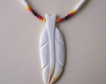 Large Ivory Bone Beaded Eagle Feather Rainbow Necklace Native American made by Hidden Bear
