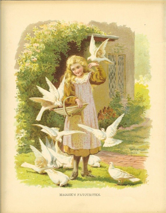 Vintage Edwardian 1900s Ernest Nister  Childrens Print Blonde Haired Girl Feeds Doves Pigeons In Cottage Garden Antique Colour Book Plate