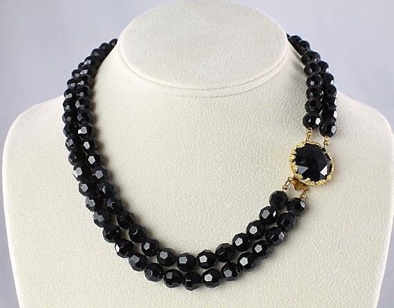 Vintage Black Jet glass bib necklace 1960s jewelry