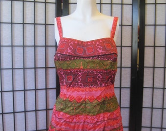 Vintage 1950s 1960s Bathing Suit by Cole of California Pink Red Green Black Atomic Age Hawaii Print Swimwear Large L XL Volup