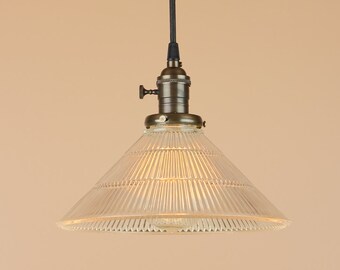 Pendant Lighting w/ Holophane Style Glass Shade - Hand Finished in Oil Rubbed Bronze - Kitchen Decor