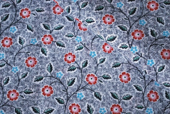 Vintage Fabric Red and Blue Flowers on Gray Scratch Pattern