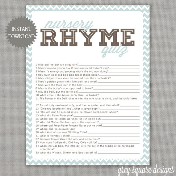 Nursery Rhyme Quiz Baby Shower Game Light Blue by GreySquare