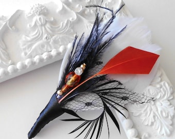 Feather Boutonniere Lapel Pin in White,Orange, Black Groomsman Groom