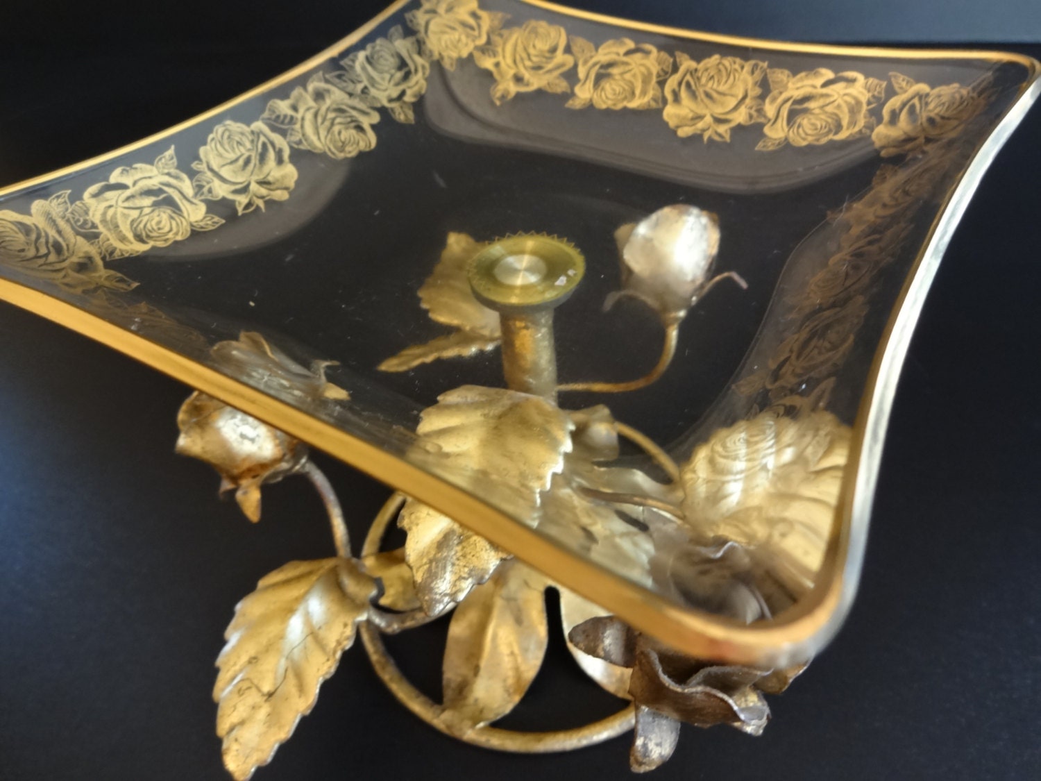 Vintage Italian Candy/Nut Dish, Italian Gold Tole and Ornate Haute Juice