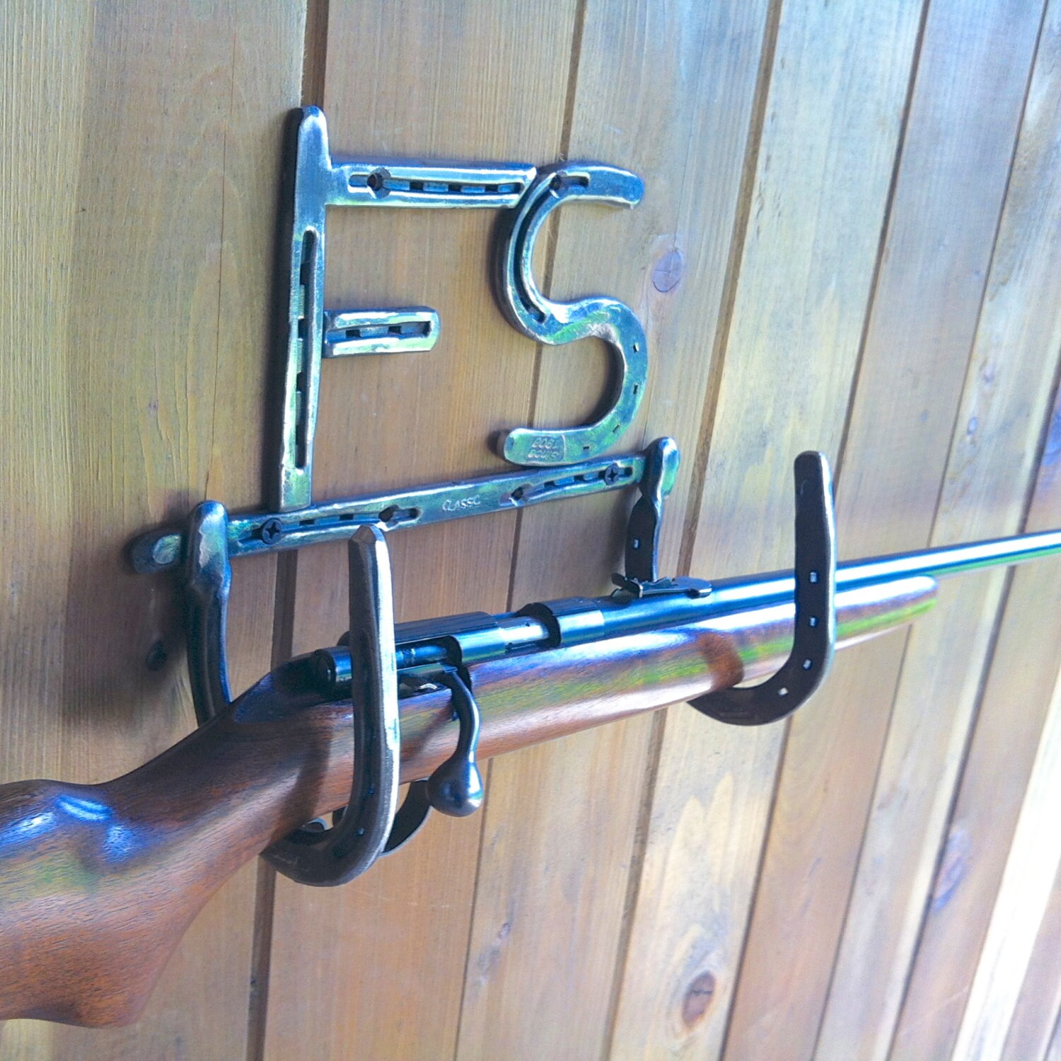Custom gun rack personalized horseshoe by BlacksmithCreations