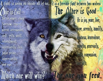 The one you feed, cherokee legend,wolf art,painting,poster,nature art, battle between two wolves