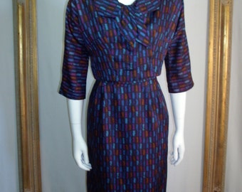 Vintage 1950's Multi Color Print Dress and Jacket Set - Size 10