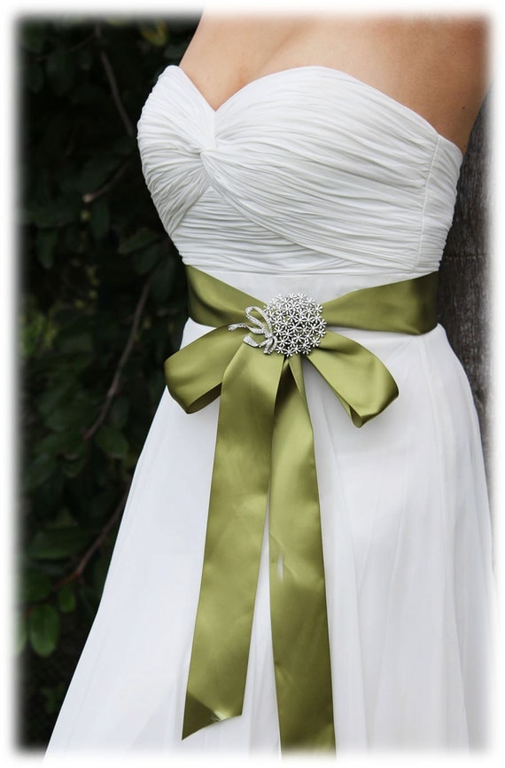 Items similar to Green bridal sash, crystal sash, ribbon sash