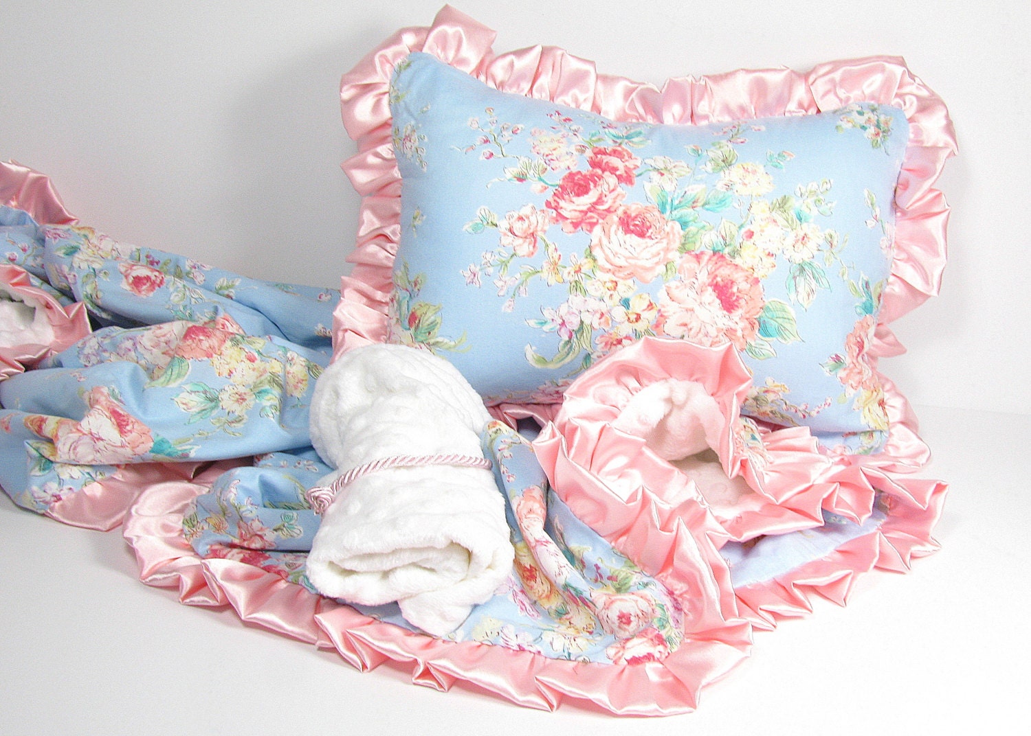 Toddler bedding pink ruffle pillow blanket travel bag
