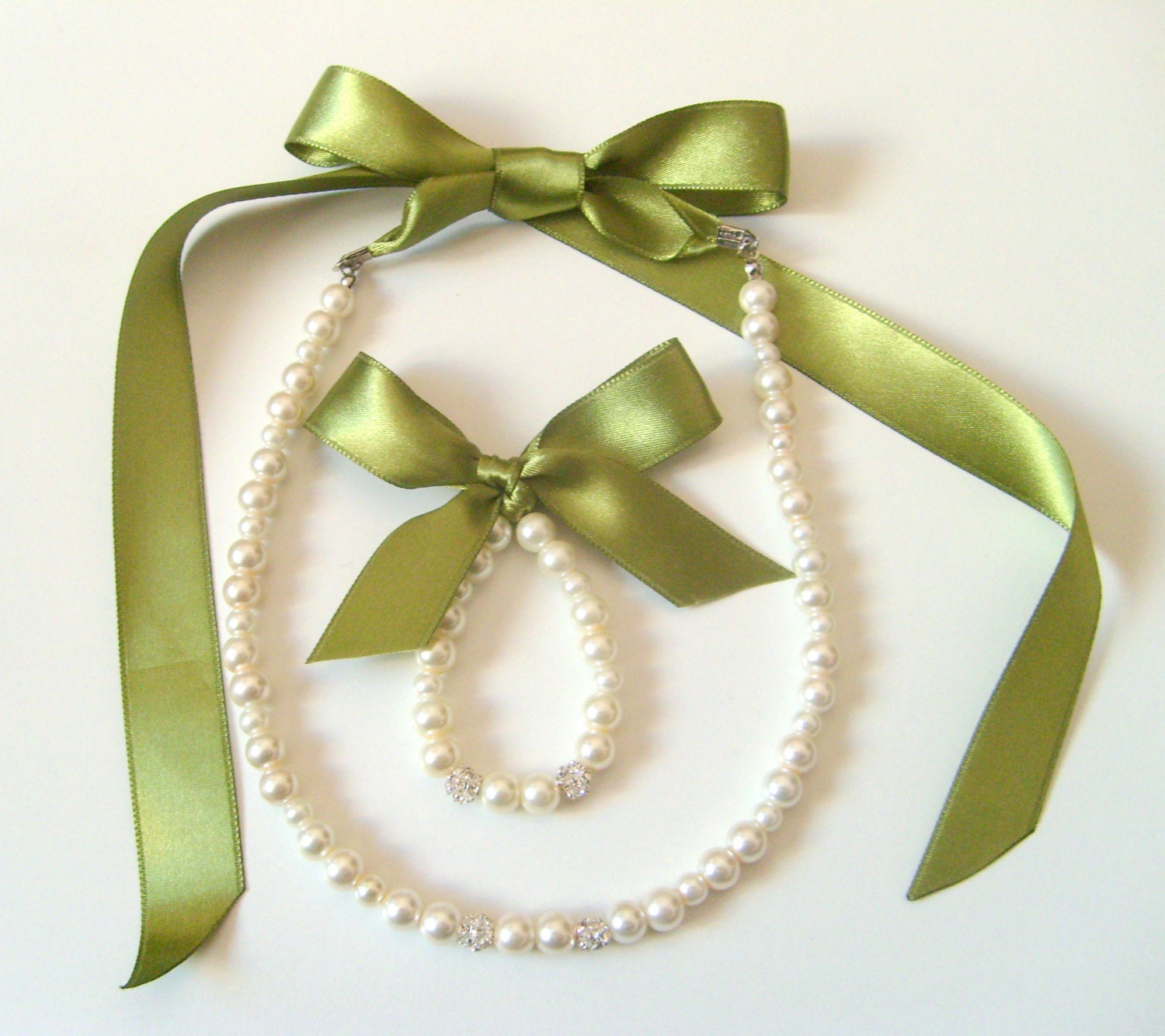 Sage green Flower girl jewelry set adjustable necklace and