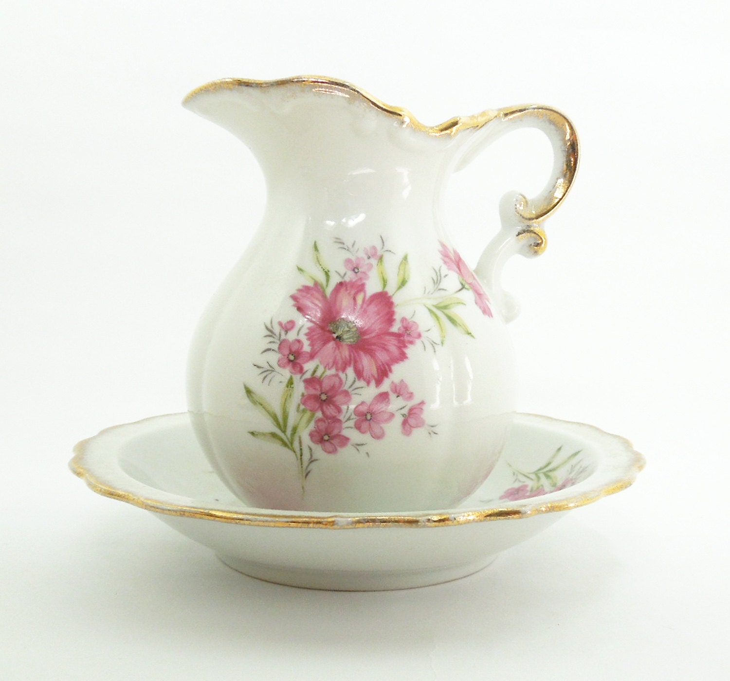 Porcelain pitcher and wash basin bowl set with pink flowers