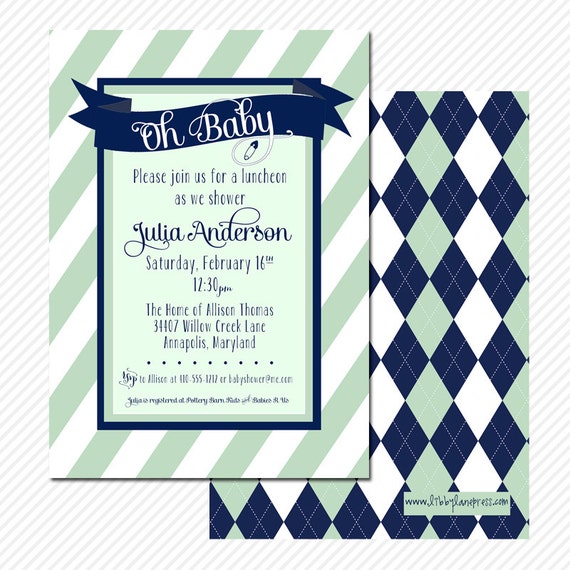 PREPPY STRIPED Baby Shower Invitation, Mint Green and Navy, Argyle, Custom Printable Il_570xn