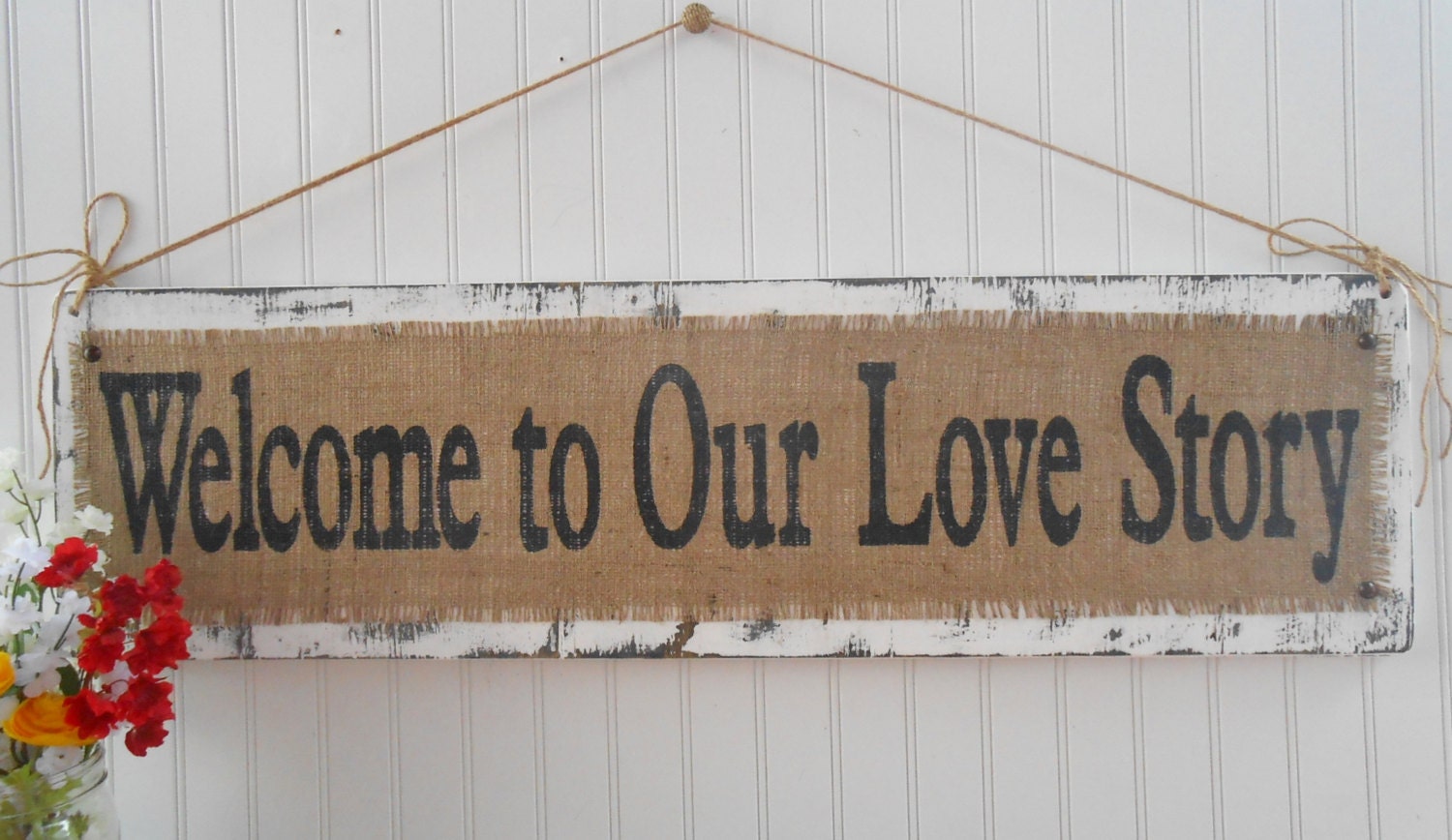 Download Welcome To Our Love Story wedding sign decor hanging burlap