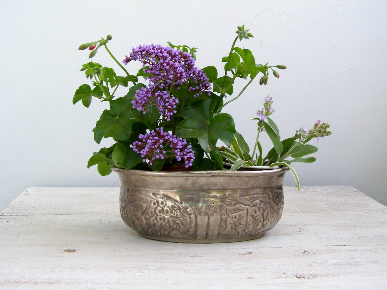 Rustic Pewter Planter Ornate hammered out Oval Planter Fruit