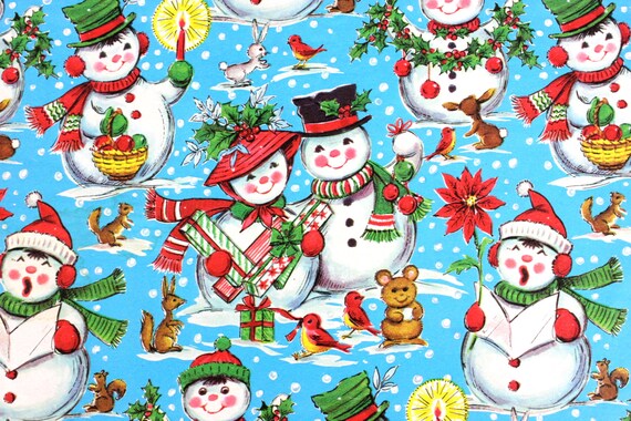 Christmas Wrapping Paper Snowman Scenes 2 Sheets Bright Colors 2075