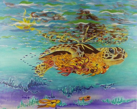 Sea turtle painting with Sunflowers Original Painting Fantasy