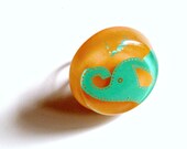 Resin Elephant Ring Chunky Sterling Silver Peachy Tangerine with Turquoise Blue Adjustable