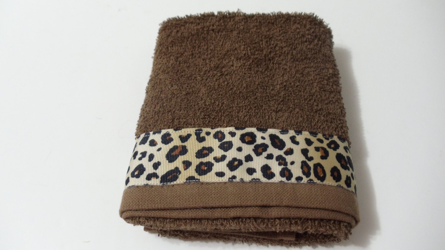 Brown Bathroom Towel Kitchen Hand Towel Cheetah Ribbon Trim